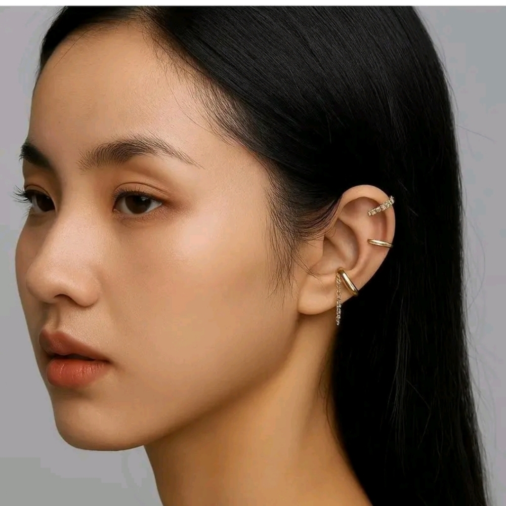 Gold Ear Cuff Set - Minimal Layered Hoops & Chain - Picture 1 of 6